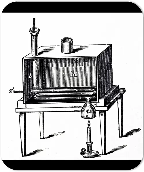 Illustration depicting Rumford's calorimeter used to determine the amount of heat produced by combustion. Benjamin Thompson, Count Rumford (1753-1814) Anglo-American scientist