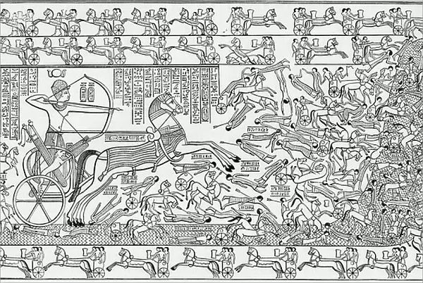 A battle scene from the Rammeseum at Thebes. This slab is in the hypostyle or 'Hall of the Presence' and it represents the capture of a city by Rameses II. From Cassell's Universal History, published 1888 (b / w engraving)