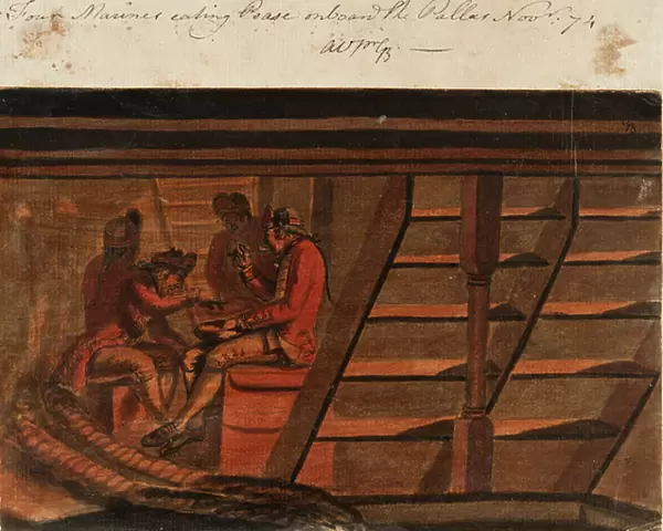 Four English royal sailors in uniform, eating peas under the upper hatch, aboard the Pallas, November 1774