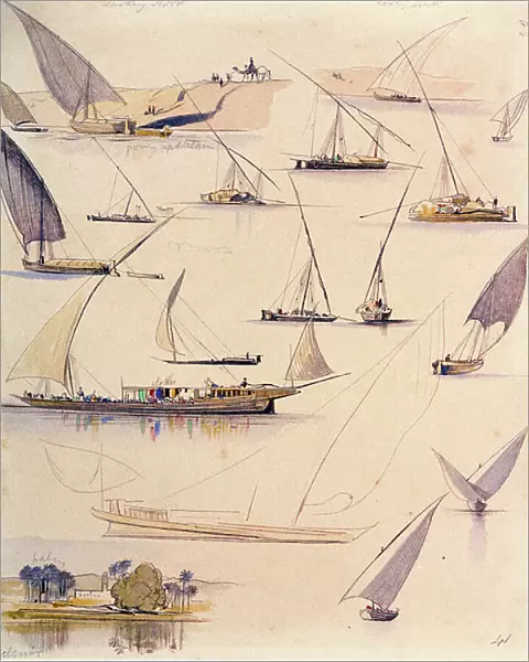 Studies of various Egyptian boats. Coloured watercolor drawing, 1854, by Edward Lear (1812-1888)