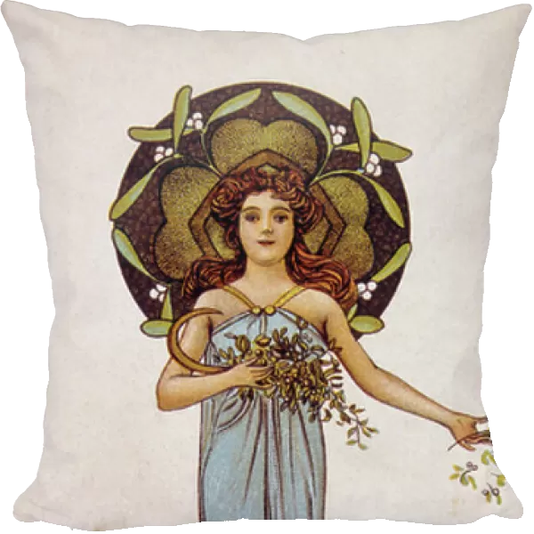 French postcard with an art nouveu image of a woman holding flowers, 1900