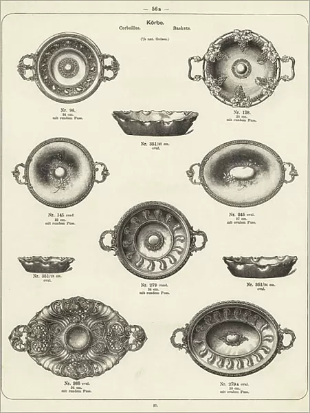 Metal sneakers, platters and bowls. Lithograph from a catalog of metal products manufactured by Wuerttemberg Metalware Factory, Geislingen, Germany, 1896.- Catalogue of metal products manufactured by Wuerttemberg Metalware Factory, Geislingen