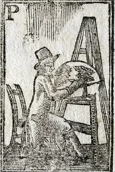 Letter P Painter (artist). Engraving in ' Instructive abecedaire des arts et metiers'. A work in which a child, while having fun, can learn about the most useful Arts to the Society
