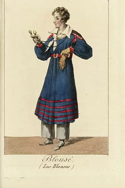 English actor Charles-Gabriel Potier as Blouse in the comedy Les Blouses by Gabriel and Armand at the Theatre des Varietes, 1822. Handcoloured copperplate engraving from Charles Malo's Almanach des Spectacles by K. Y