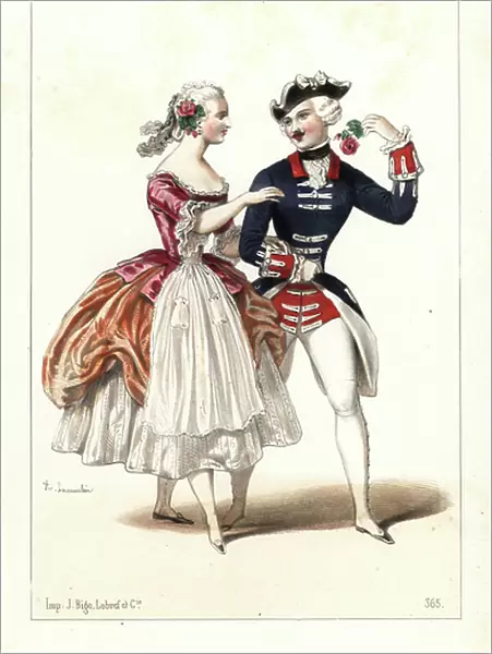 Italian ballet dancer Sofia Fuoco as a soldier and French dancer Maria Jacob in the ballet Ozai by Jean Carolli, 1847. Handcoloured lithograph after an illustration by Alexandre Lacauchie from Victor Dollet's Galerie Dramatique