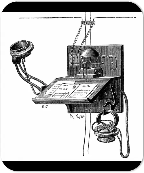Telephone apparatus available to New York subscribers. This used an Edison transmitter and a pony crown receiver (lower right of picture. Wood engraving c1891)