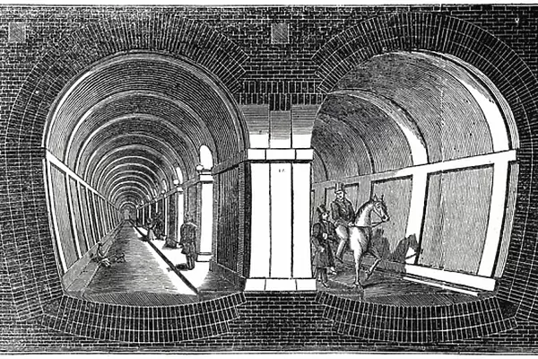 Cross-section showing impression of Marc Isambart Brunel's double arched masonry Thames Tunnel built 1825-1843. Originally a roadway, it is still used by electric trains between Whitechapel and New Cross, London. Woodcut, 1832