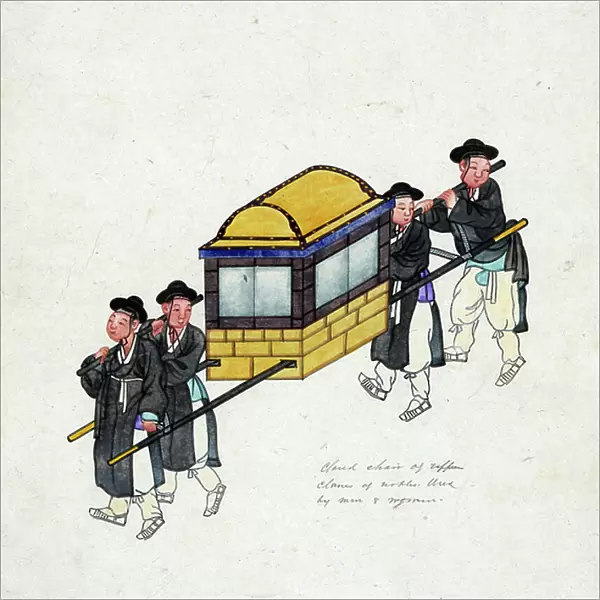 Korean Gama used by the privileged classes, a form of closed chair similar to a Palanquin, Litter or Sedan chair, carried by porters. Watercolour, c1890. Transport Power Manual Fashion Dress Traditional