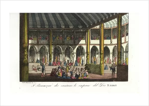 Brahmins singing praises to Lord Rama. Handcoloured copperplate drawn and engraved by Andrea Bernieri from Giulio Ferrario's Ancient and Modern Costumes of all the Peoples of the World, Florence, Italy, 1844