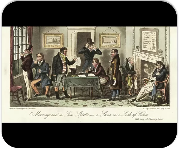 Regency gentlemen locked up in Radford's Hotel, Carey Street, for nonpayment of a bill at Long's Hotel. Morning and in Low Spirits. A scene in a lock-up house