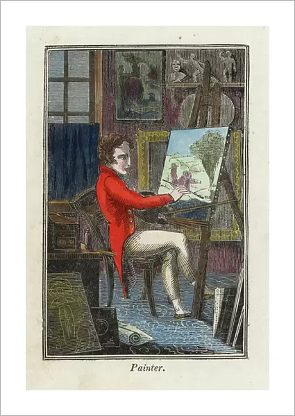 Painter in his atelier - Gentleman painter with paintbrush in front of an easel in his atelier. Handcoloured woodcut engraving from The Book of English Trades and Library of the Useful Arts