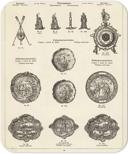 Catalog of metal products manufactured by Wuerttemberg Metalware Factory, Geislingen, Germany, 1896 - Thermometer, barometer and engraved visiting card tray