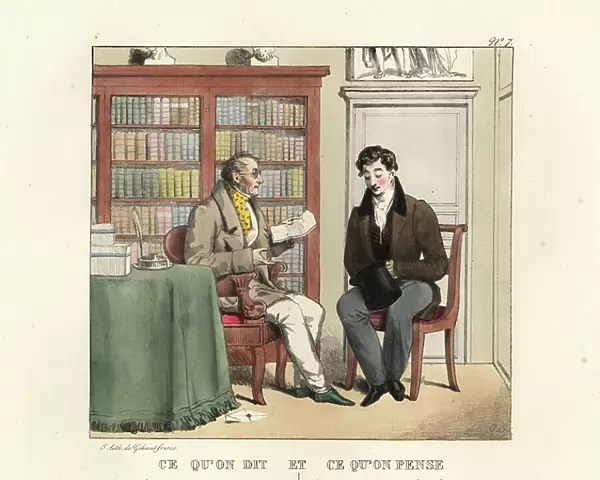 Young gentleman in the study of an advisor reading a letter. He says, I'm entirely at your disposal. He thinks, Another free dinner! Handcoloured lithograph by the Gihaut brothers after an illustration by Swiss artist Jean Gabriel Scheffer