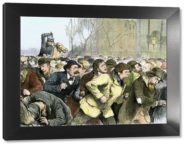 Communist workers hunted by police during their demonstration in Tompkins Square, New York, 1871. Colour engraving of the 19th century