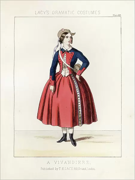 Costume of a vivandiere or female sutler with the French army, 19th century. Handcoloured lithograph from Thomas Hailes Lacy's ' Female Costumes Historical, National and Dramatic in 200 Plates, ' London, 1865