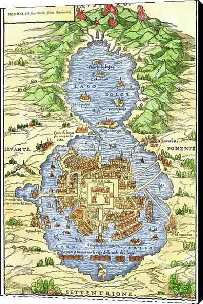 Aztec City: Tenochtitlan, capital of Aztec Mexico, an island in Lake Texcoco, at the time of the Spanish conquest of Cortes in the 16th century. Engraving