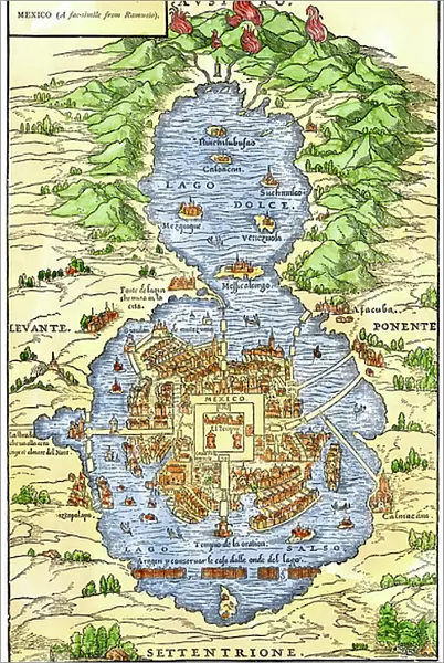 Aztec City: Tenochtitlan, capital of Aztec Mexico, an island in Lake Texcoco, at the time of the Spanish conquest of Cortes in the 16th century. Engraving