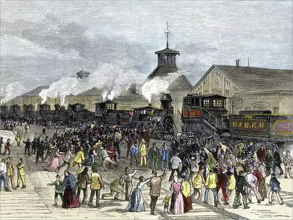 Railway strike: railway workers blocked locomotives in Martinsburg, West Virginia, in 1877. Coloured engraving of the 19th century