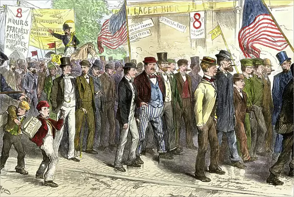 Defile workers on strike to obtain 8 hours of work a day in New York, USA 1872. Colouring engraving of the 19th century
