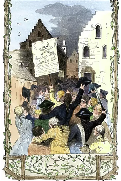 United States of America Independence War (1775-1783): Stamp Act. English settlers protesting against taxes imposed by the government of Great Britain, which will end the war, New York, 1765. Colourful engraving of the 19th century