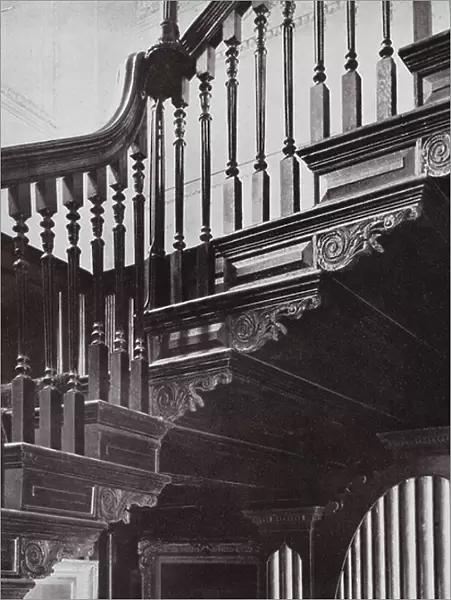 Rutland Lodge, Petersham, The Panelled Ends and Carved Brackets of the Stairs (b / w photo)
