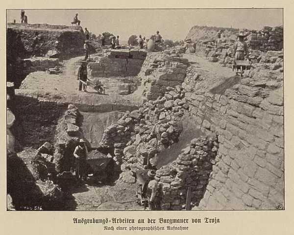 Excavation of the walls of Troy (b / w photo)