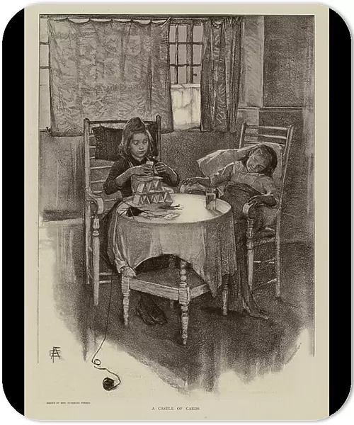 Children making a house of cards (engraving)