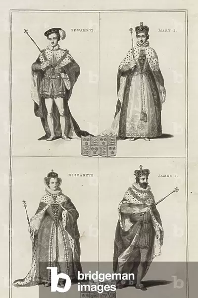 Edward VI; Mary I; Elizabeth; James I (engraving)