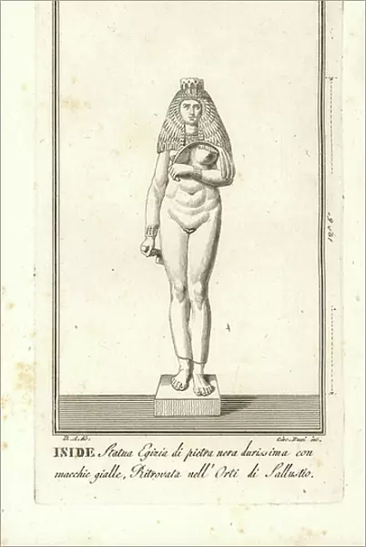 Egyptian statue of the goddess Isis with throne headdress, in hard black stone with yellow spots. Copperplate engraving by Giacomo Bossi after an illustration by D. A