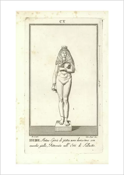 Egyptian statue of the goddess Isis with throne headdress, in hard black stone with yellow spots. Copperplate engraving by Giacomo Bossi after an illustration by D. A
