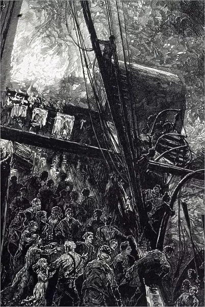 An engraving depicting the loss of the Royal Mail steamship Amazon on her maiden voyage, 4th January 1852. 104 of the 162 persons on board lost, partly due to the burning of some of the lifeboats
