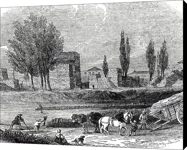 Engraving depicting a firewood depot on the river Seine, 19th century
