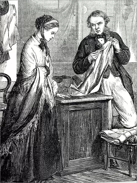 Engraving depicting a woman being rejected when asking for sewing as an outworker, 19th century
