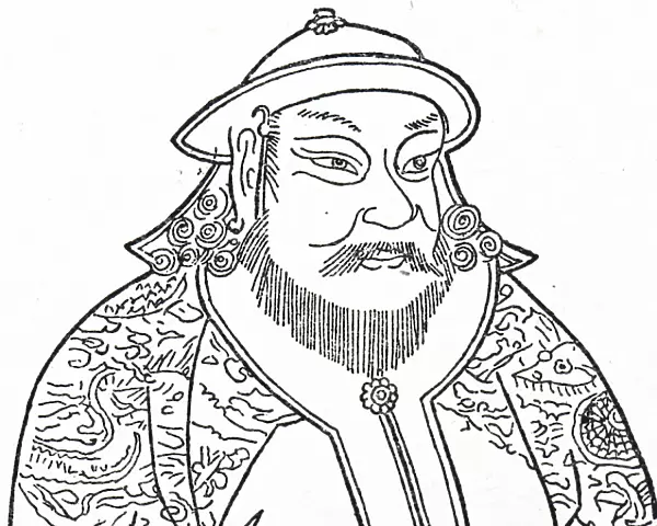 Engraving depicting Kublai Khan (1215-1294) the fifth Khagan of the Mongol Empire, and founder of the Yuan dynasty in China, 14th century