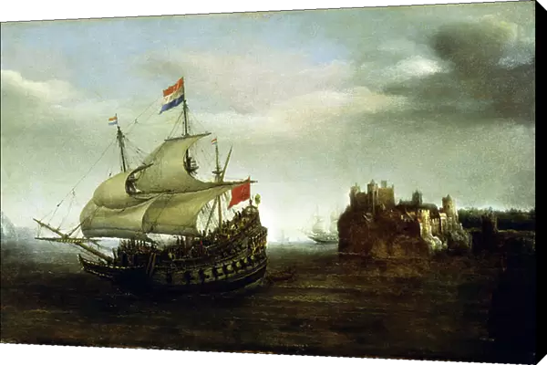 A Dutch boat sailing near a castle, near a rocky coast. Oil on wood, 1626, by Hendrick Cornelisz Vroom (1566-1640)