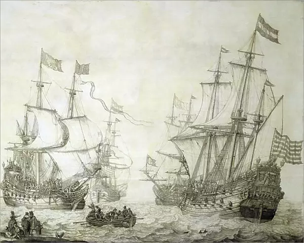 Two merchant ships of the Dutch East India Company, leaving the shore in calm winds. Grisaille on wood, 1649, by Willem van de Velde (1611-1693)