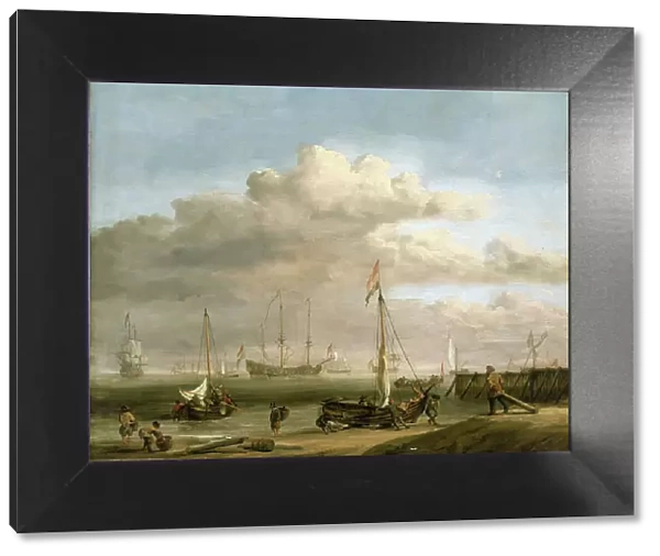 The Dutch coast to Marsdiep and Den Helder, with fishing boats. Oil on canvas, circa 1690, by Willem van de Velde (1633-1707)