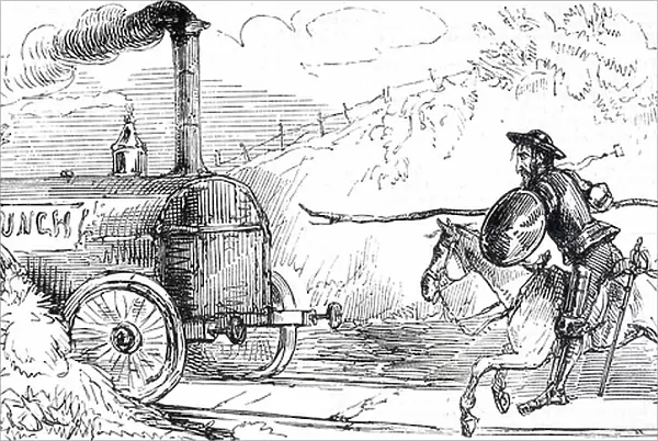 Colonel Charles Sibthorp as Don Quixote attacking a steam engine