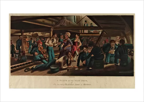 A scene on the main deck of a line of battle ship in harbour, 1820 (coloured aquatint)
