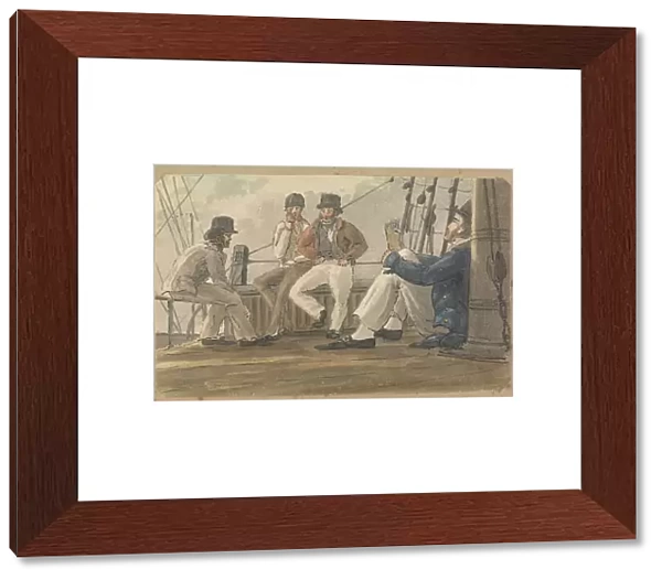 Four sailors relaxing on deck, one reading, 1820 (pen, ink, wash, watercolour)