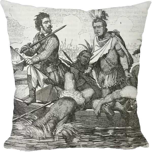 Conquest of Mexico (1519-1521). Ensign feat Juan Volante. Illustration of 1851. Engraving. Private Collection ©Lorio / Iberfoto / Leemage