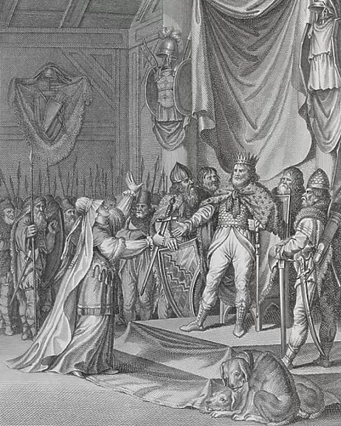 Seer presenting Attila the Hun with the sword of the god of war (engraving)