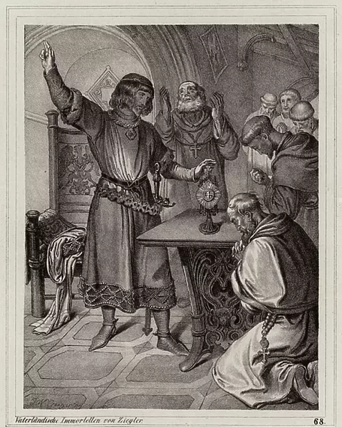 Leopold V of Austria presenting the monks of Heiligenkreuz Abbey with a relic of the True Cross, 1188 (engraving)