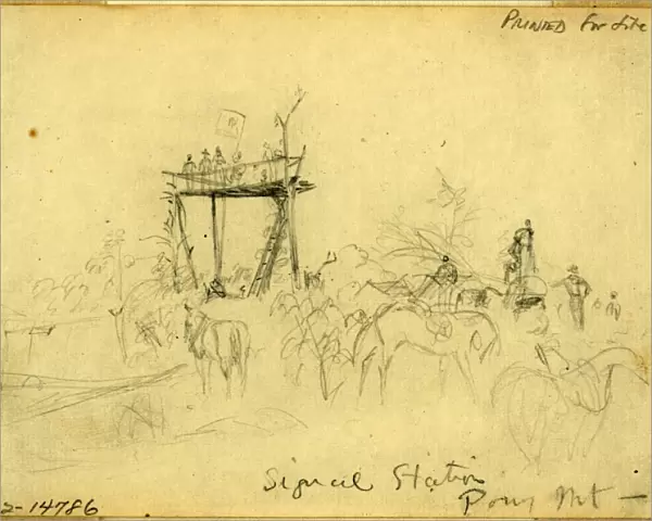 Signal Station. Pony Mt, 1863 September?, drawing on cream paper pencil, 9. 7 x 14