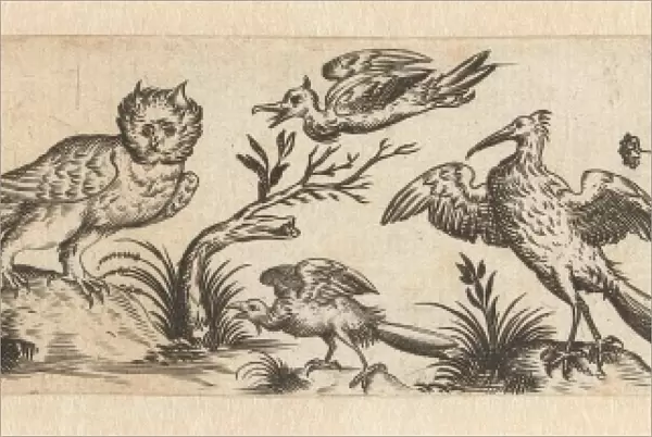 Frieze featuring eleven birds, at the left end is a tree, Hans Collaert (I), Claes Jansz