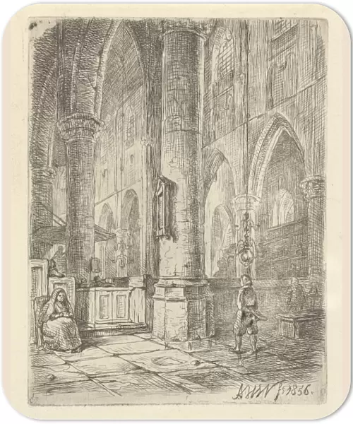 Church Interior with a boy and a seated woman, Adrianus Wilhelmus Nieuwenhuyzen, 1856