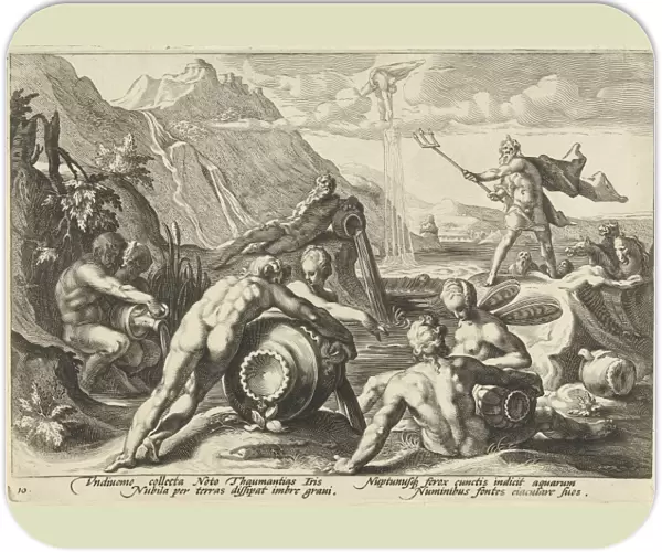 Neptune gives the river gods command to cause a flood, print maker: Hendrick Goltzius