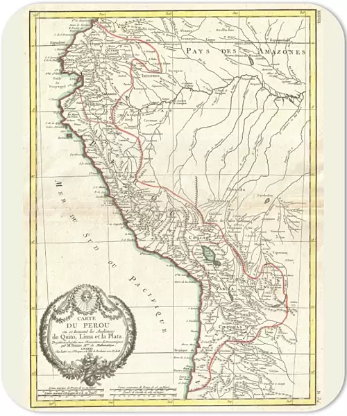 1775, Bonne Map of Peru, Ecuador, Bolivia, and the Western Amazon, Rigobert Bonne 1727 - 1794