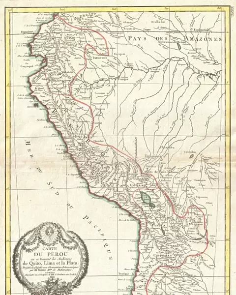 1775, Bonne Map of Peru, Ecuador, Bolivia, and the Western Amazon, Rigobert Bonne 1727 - 1794