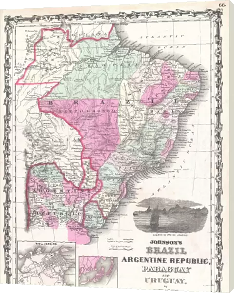 1862, Johnson Map of Brazil, Paraguay, Uruguay and Argentina, topography, cartography